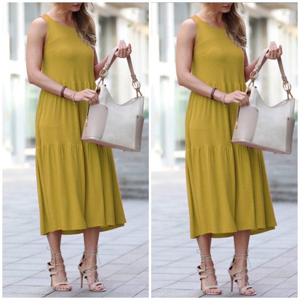 Olive Mustard Amazing Soft Oversized Tiered Midi Dress - Picture 3 of 6